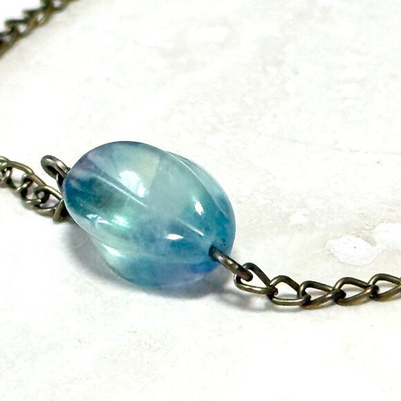 2/$20, Natural Teal Fluorite Short Necklace, Genuine Gemstone & Bronze Chain - Picture 7 of 11